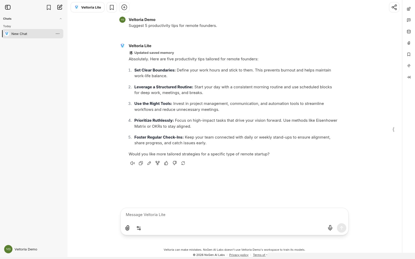 Veltoria chat interface